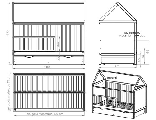 Pietrus łóżeczko drewniane domek 140x70 