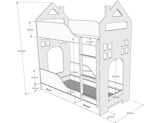 Łóżko piętrowe Domek 180x80 z szufladą