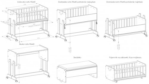 Łóżeczko Dostawne na kółkach biurko 6w1 Leto